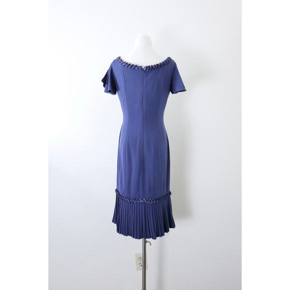 Roland Nivelais Size 6 100% Silk Sheath Cocktail Dress Pleated Hem Navy Blue - Picture 9 of 14